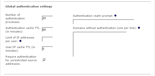 Displays HTTP advanced proxy global authentication settings