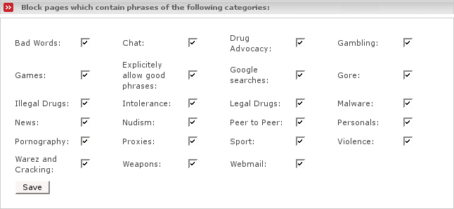 Selection of disallowed phrases which pages may contain
