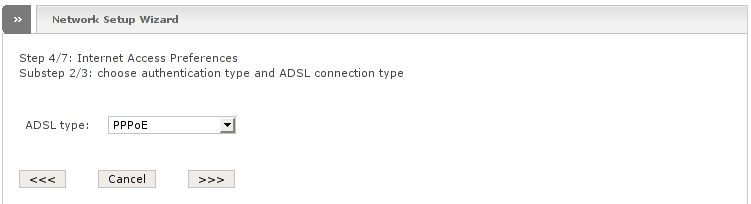 Network wizard showing Step 4 with RED type ADSL: Substep 2: Choose ADSL connection type
