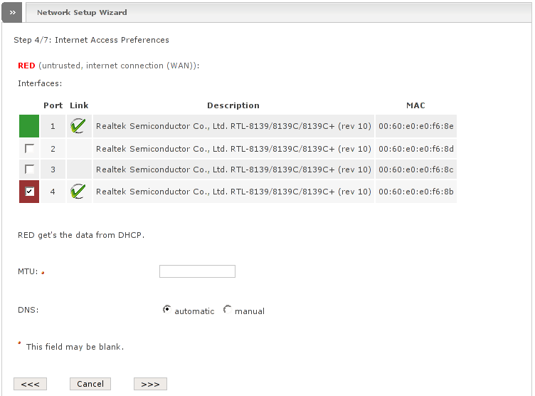 Network wizard showing step 4 with RED type ETHERNET DHCP: Internet Access Preferences